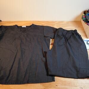 Strictly Scrubs Set Womens XL Black V-Neck Top Drawstring Pants Uniform Medical